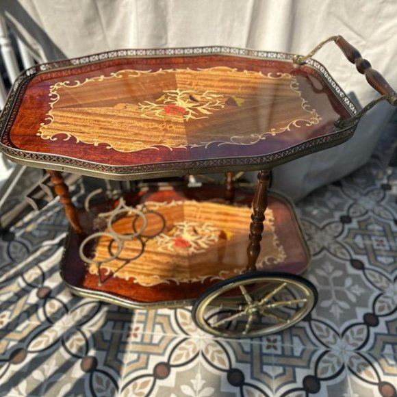 Bar Cocktail Tea Cart Trolley Beverage Italian 1950 Hollywood Regency Marquetry - Picture 1 of 9